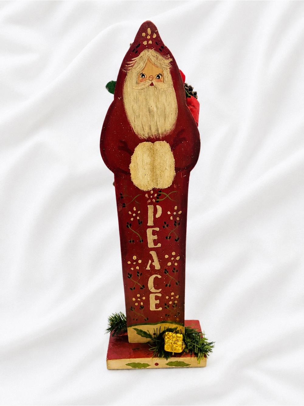 Vintage 90s Wooden Red Santa 'Peace' Holiday Figurine - Decorative Home Accent